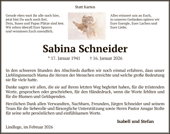 Traueranzeige von Sabina Schneider von SYKS