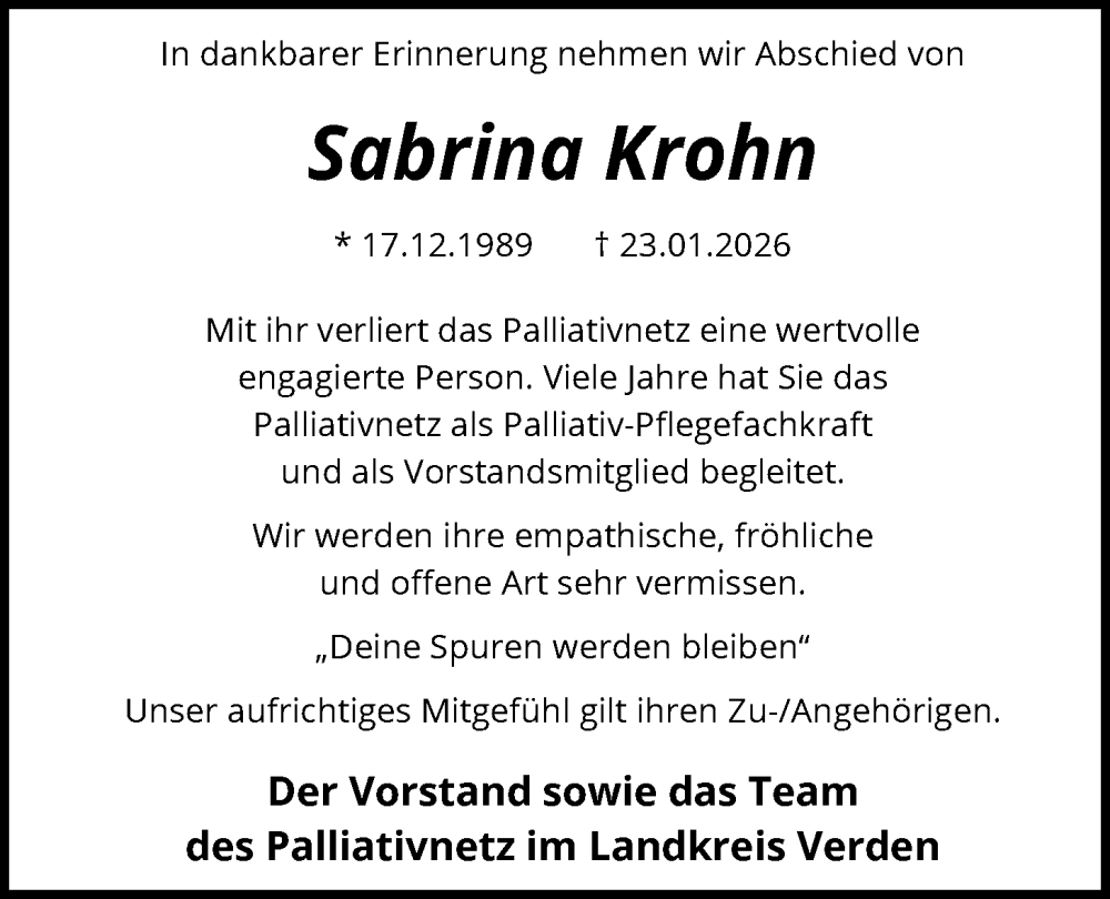  Traueranzeige für Sabrina Krohn vom 07.02.2026 aus SYKS