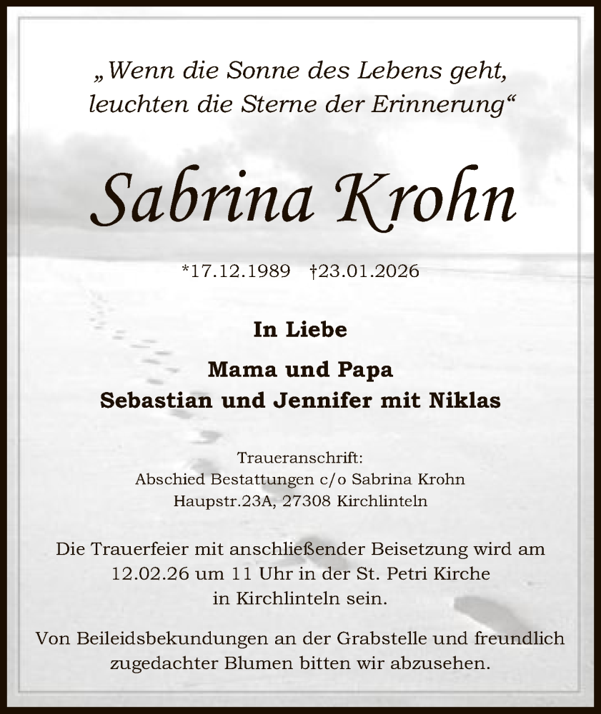  Traueranzeige für Sabrina Krohn vom 07.02.2026 aus SYKS