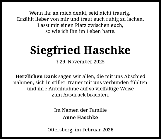 Traueranzeige von Siegfried Haschke von SYKS