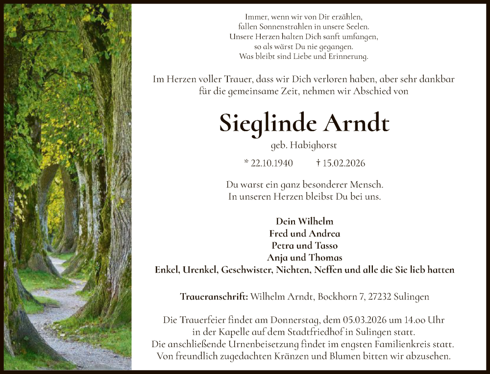  Traueranzeige für Sieglinde Arndt vom 27.02.2026 aus SYKS
