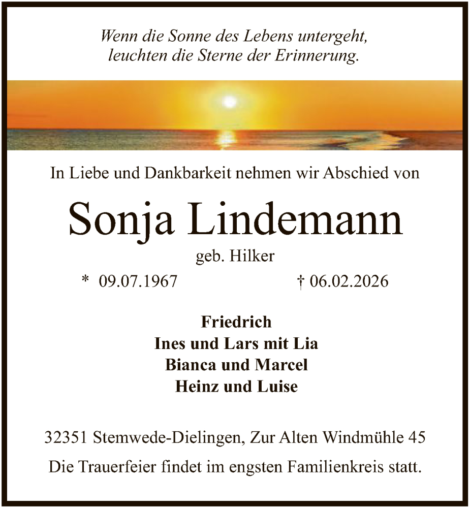  Traueranzeige für Sonja Lindemann vom 11.02.2026 aus SYKS