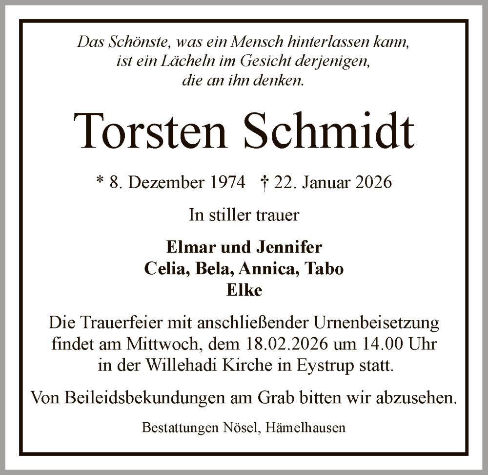  Traueranzeige für Torsten Schmidt vom 07.02.2026 aus SYKS