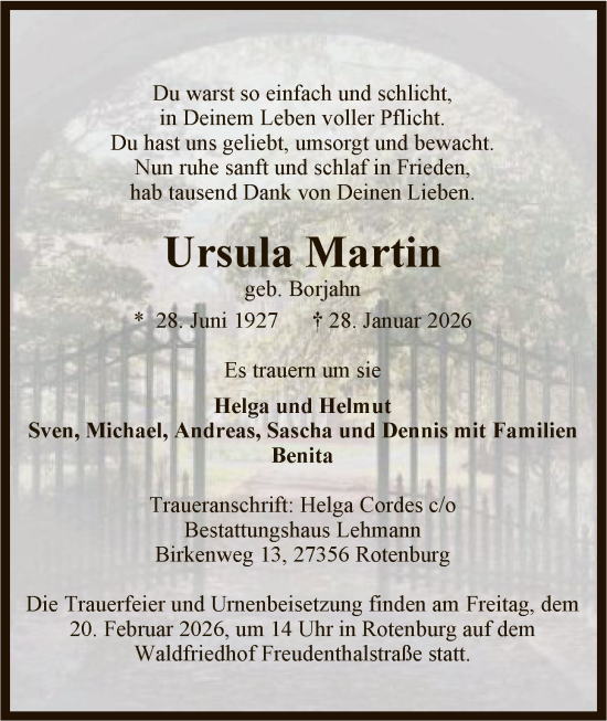 Traueranzeige von Ursula Martin von SYKR