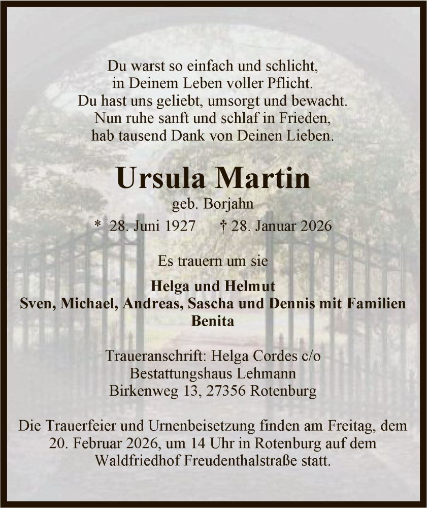  Traueranzeige für Ursula Martin vom 02.02.2026 aus SYKR