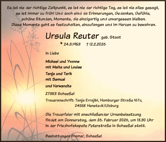 Traueranzeige von Ursula Reuter von SYKR