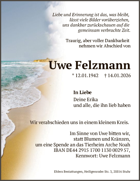 Traueranzeige von Uwe Felzmann von SYKS