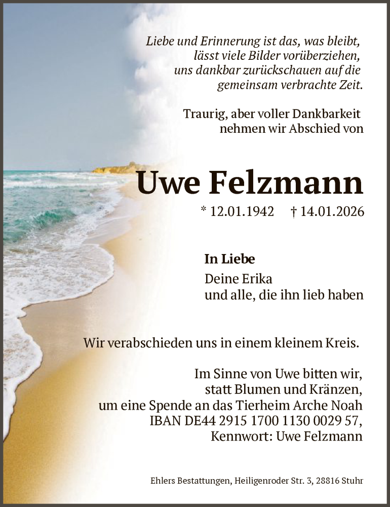  Traueranzeige für Uwe Felzmann vom 07.02.2026 aus SYKS