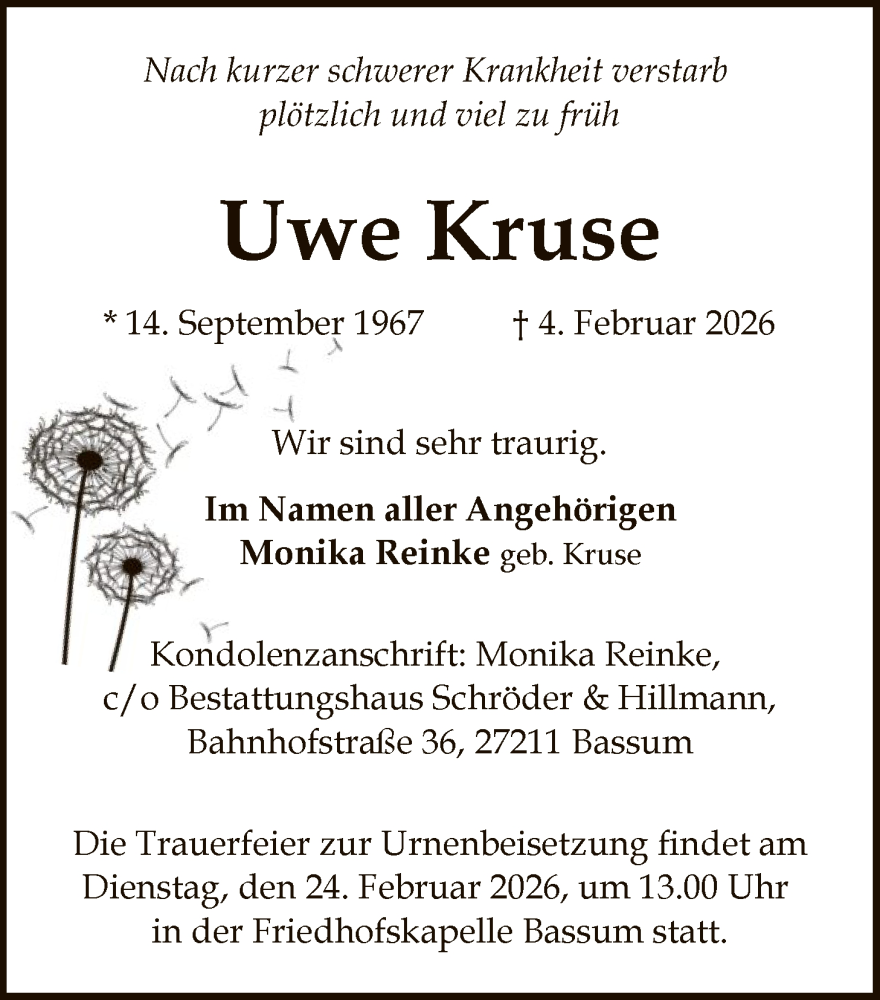  Traueranzeige für Uwe Kruse vom 14.02.2026 aus SYKS