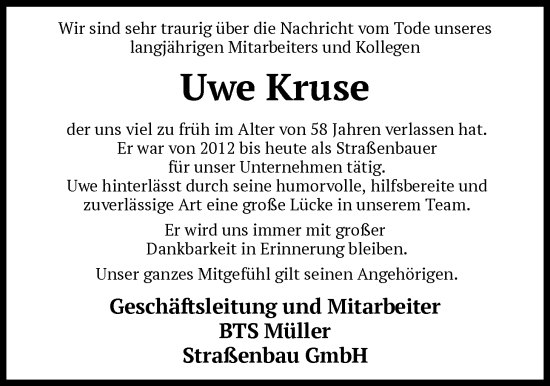 Traueranzeige von Uwe Kruse von SYKS