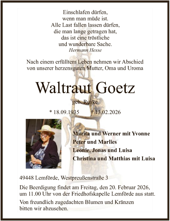 Traueranzeige von Waltraut Goetz von SYKS