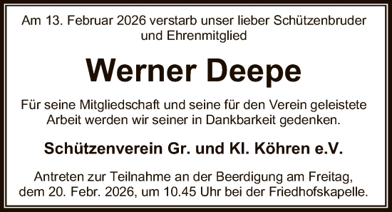 Traueranzeige von Werner Deepe von SYWZSYKS