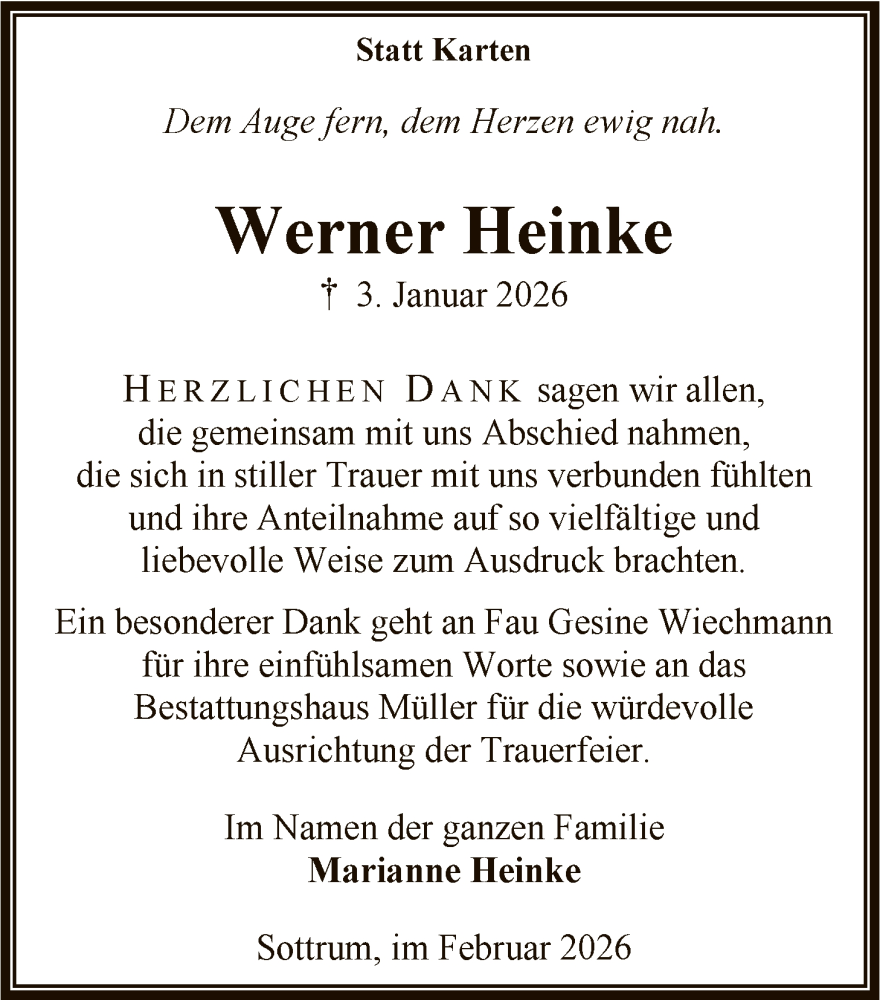  Traueranzeige für Werner Heinke vom 14.02.2026 aus SYKR