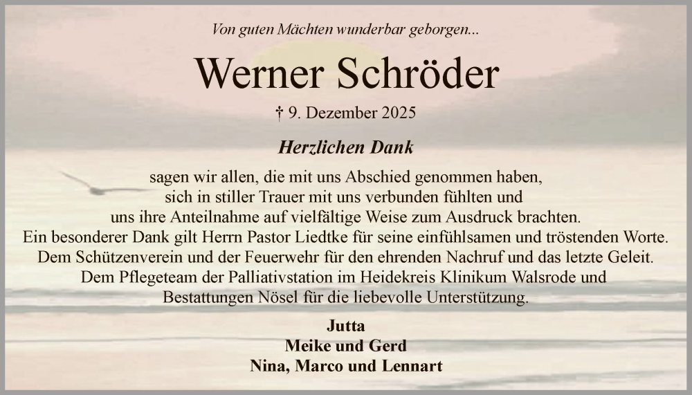  Traueranzeige für Werner Schröder vom 14.02.2026 aus SYKS
