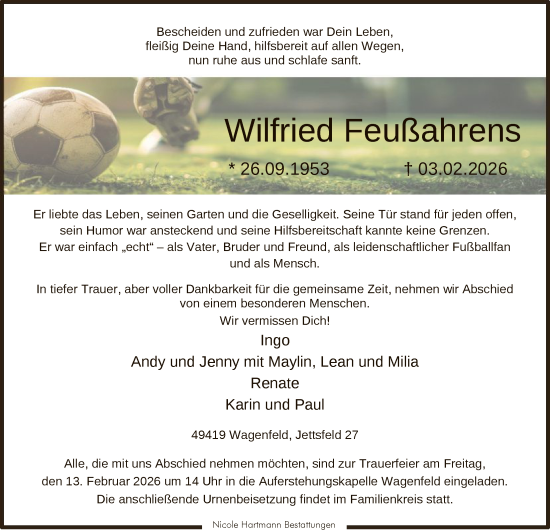 Traueranzeige von Wilfried Feußahrens von SYKS