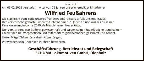 Traueranzeige von Wilfried Feußahrens von SYKS