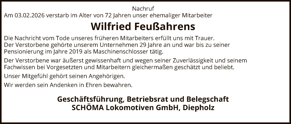  Traueranzeige für Wilfried Feußahrens vom 07.02.2026 aus SYKS