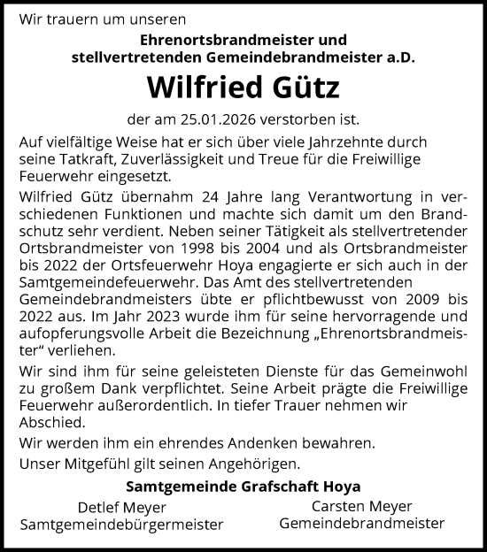 Traueranzeige von Wilfried Gütz von SYKS