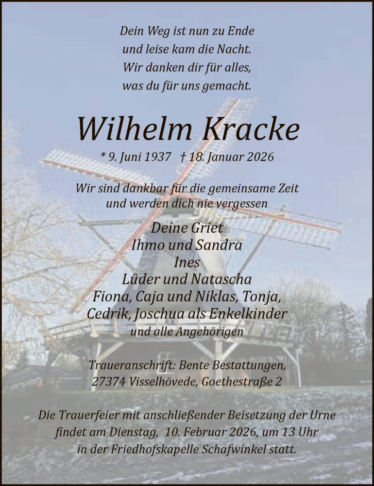  Traueranzeige für Wilhelm Kracke vom 07.02.2026 aus SYKS