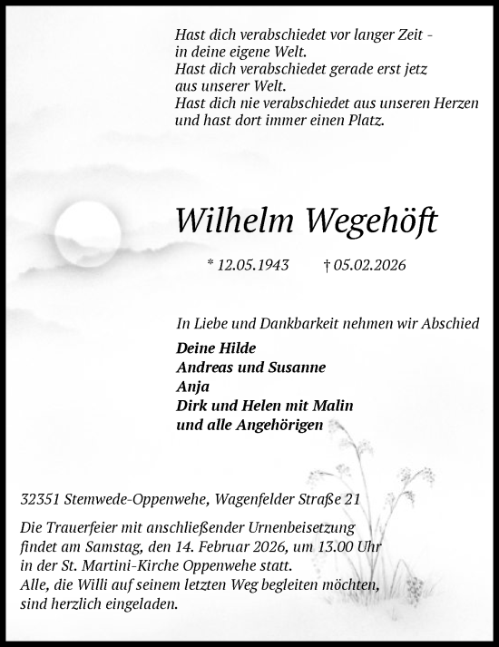 Traueranzeige von Wilhelm Wegehöft von SYKS