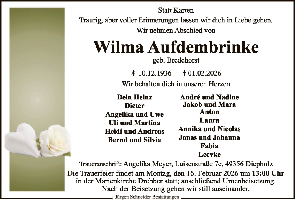  Traueranzeige für Wilma Aufdembrinke vom 07.02.2026 aus SYKS
