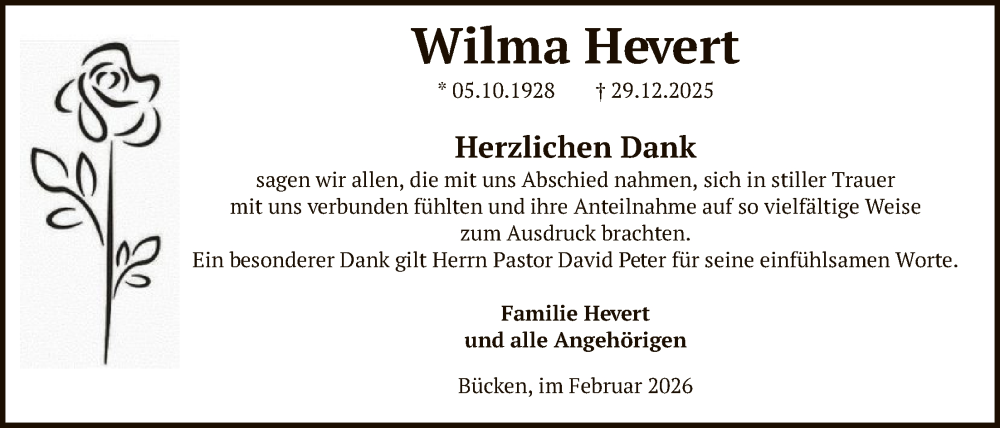  Traueranzeige für Wilma Hevert vom 14.02.2026 aus SYKS