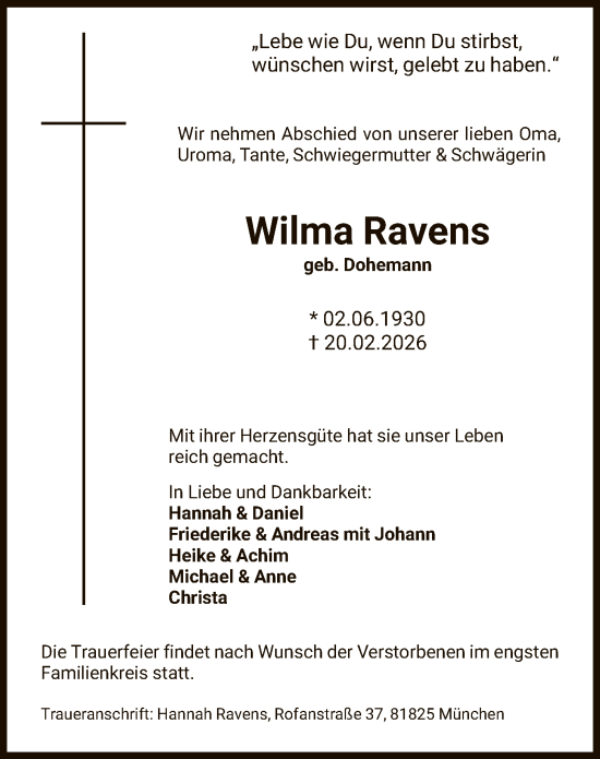 Traueranzeige von Wilma Ravens von SYKS