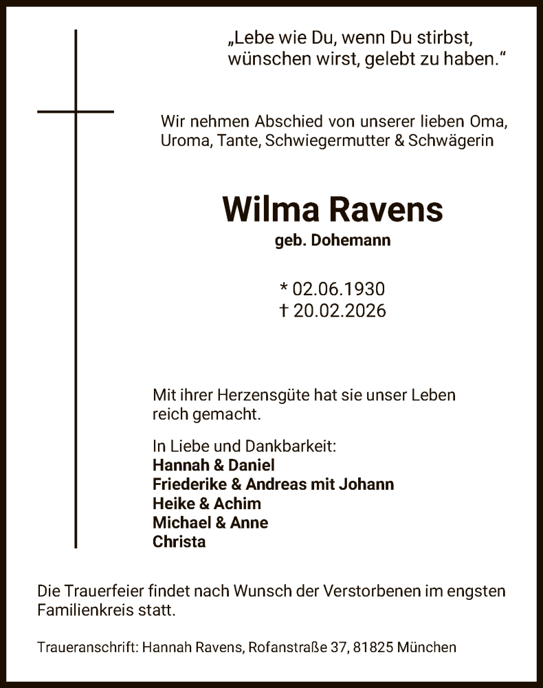  Traueranzeige für Wilma Ravens vom 24.02.2026 aus SYKS