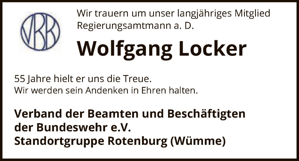  Traueranzeige für Wolfgang Locker vom 14.02.2026 aus SYKR