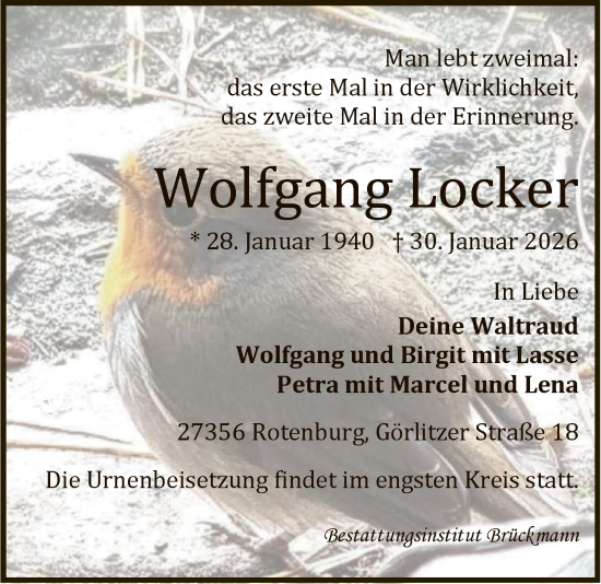Traueranzeige von Wolfgang Locker von SYKR